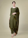 Mehendi-colored cotton blend straight kurta with embroidery, matching trousers, and dupatta
