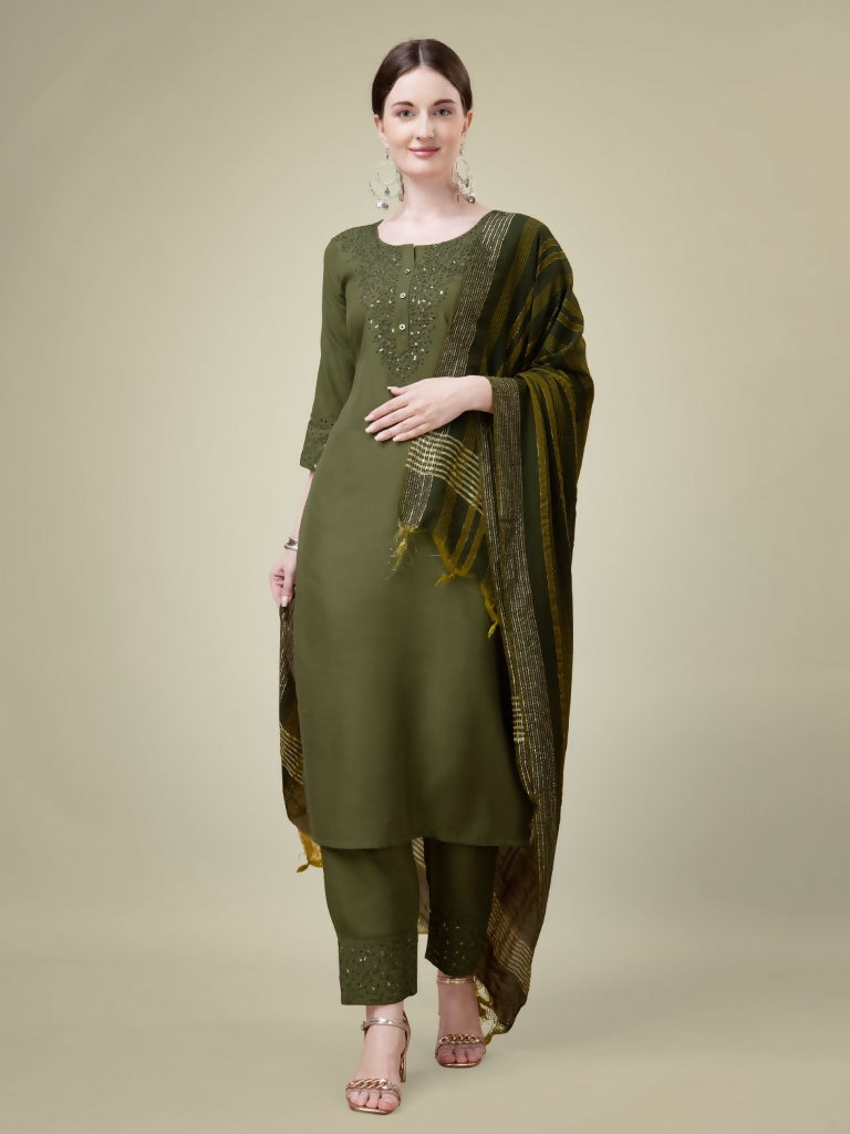 Mehendi-colored cotton blend straight kurta with embroidery, matching trousers, and dupatta