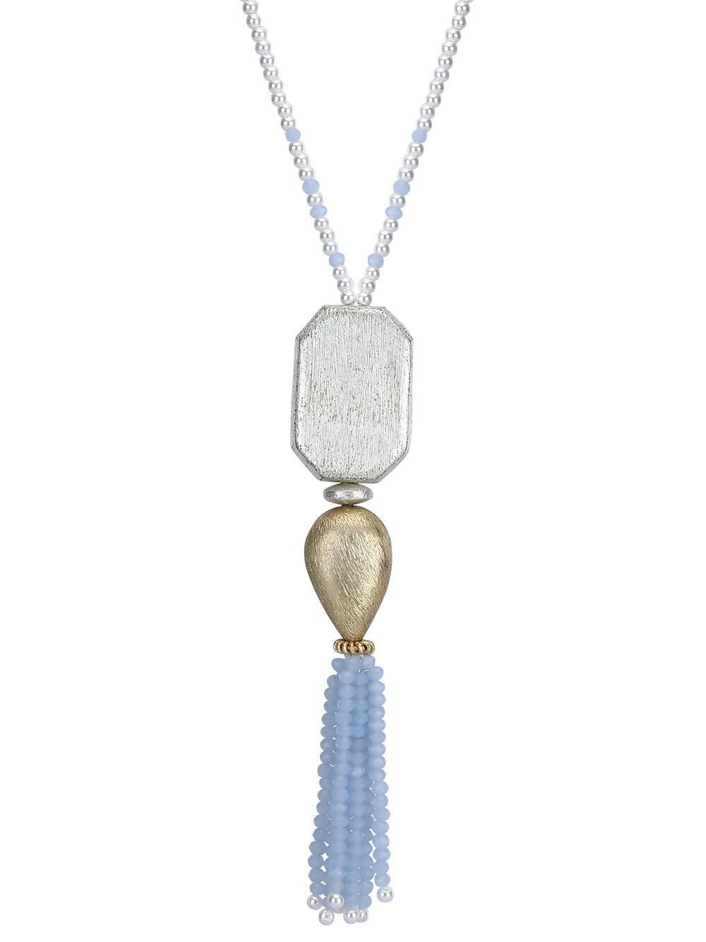 Long Silver Tone Brass Statement Necklace with Intricate Patterns