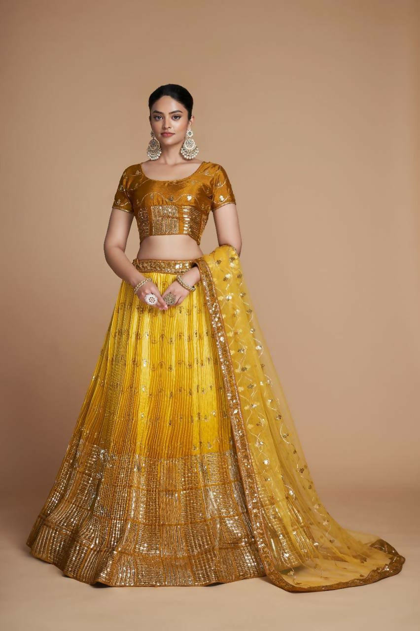 Mustard heavy Chinon lehenga choli with sequins embroidery and cancan