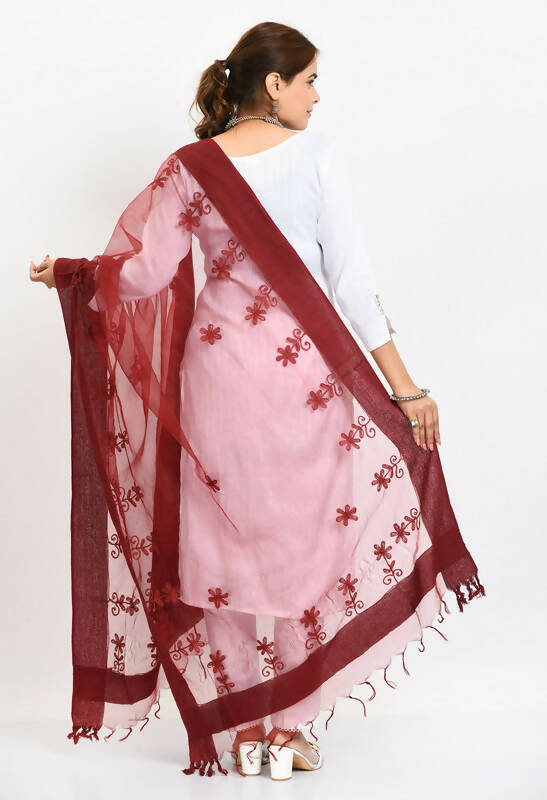 Maroon Organza Chikan Work Women's Dupatta with Floral Embroidery