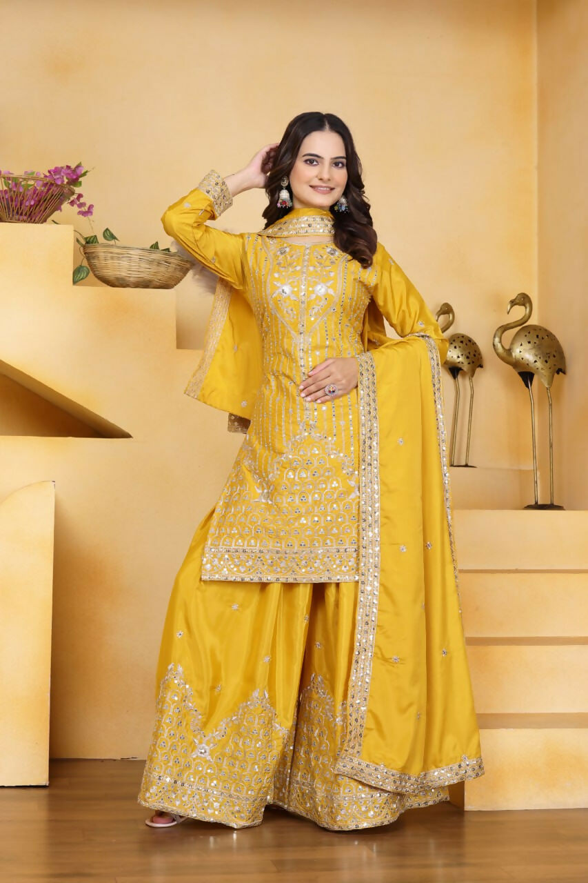 Yellow Crepe Embroidered Sharara Set for Festive Occasions