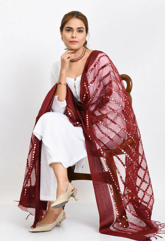 Maroon Organza Dupatta with Mirror Stripe Thread Work