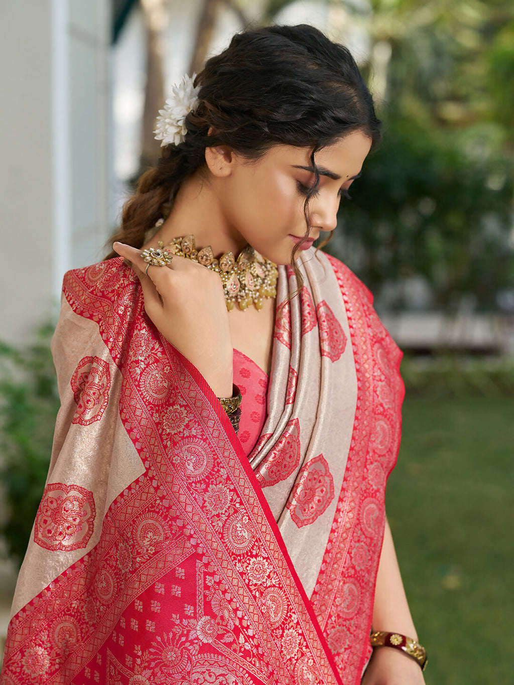 Cream and Red Silk Blend Saree with Matching Blouse