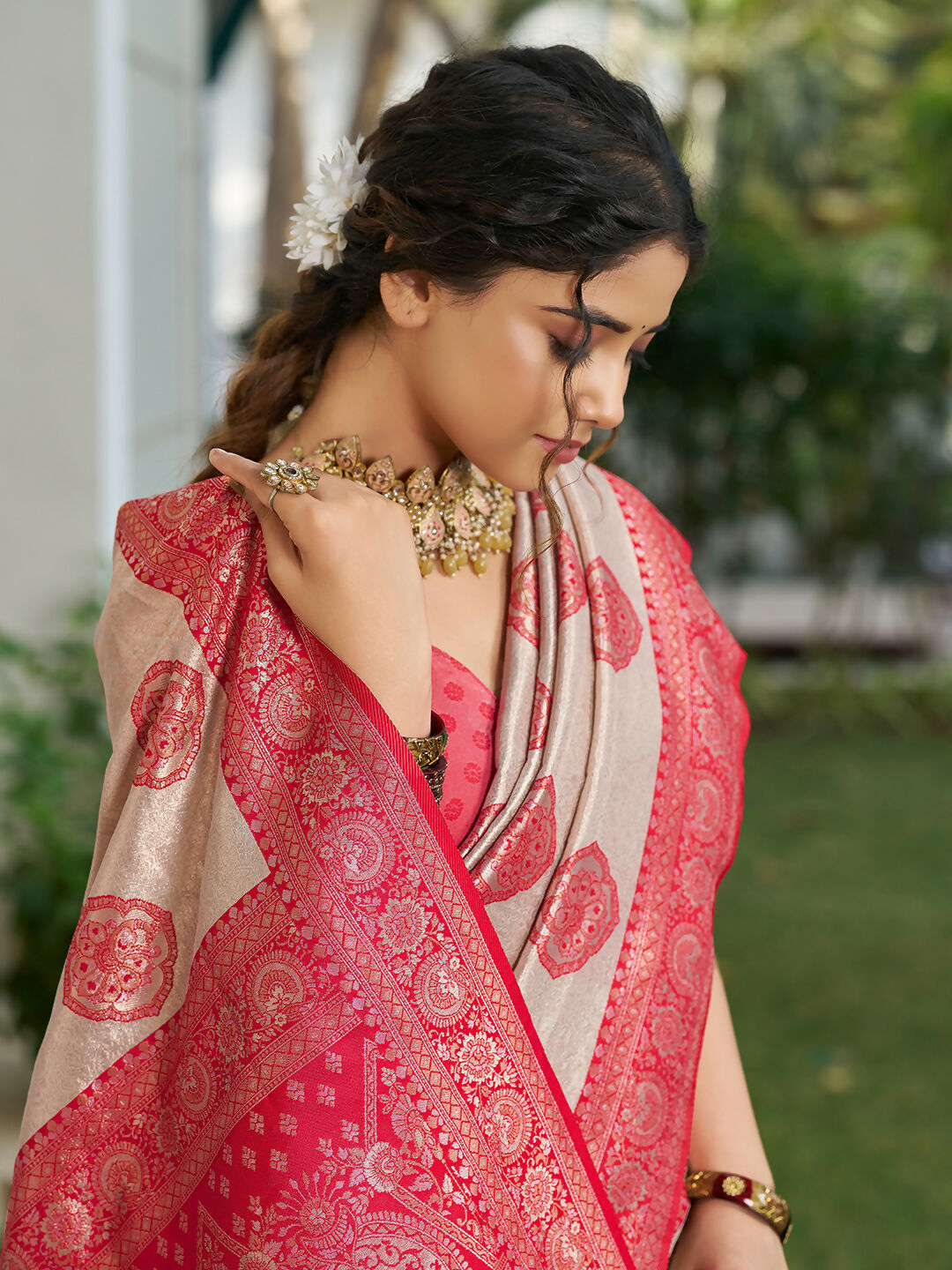 Cream and Red Silk Blend Saree with Matching Blouse