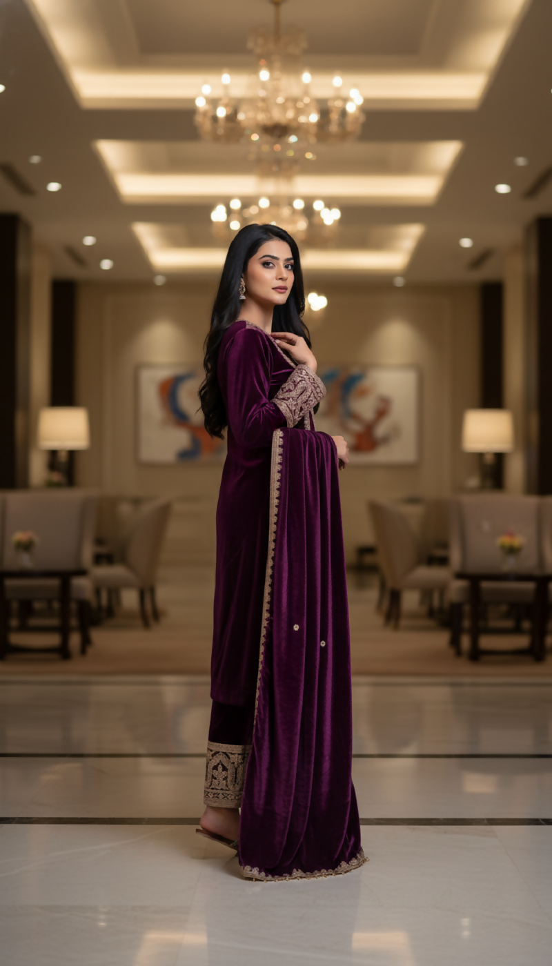 Purple Velvet Kurta Set with Embroidery and Sequence Work