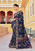 Navy blue silk blend saree with intricate print work
