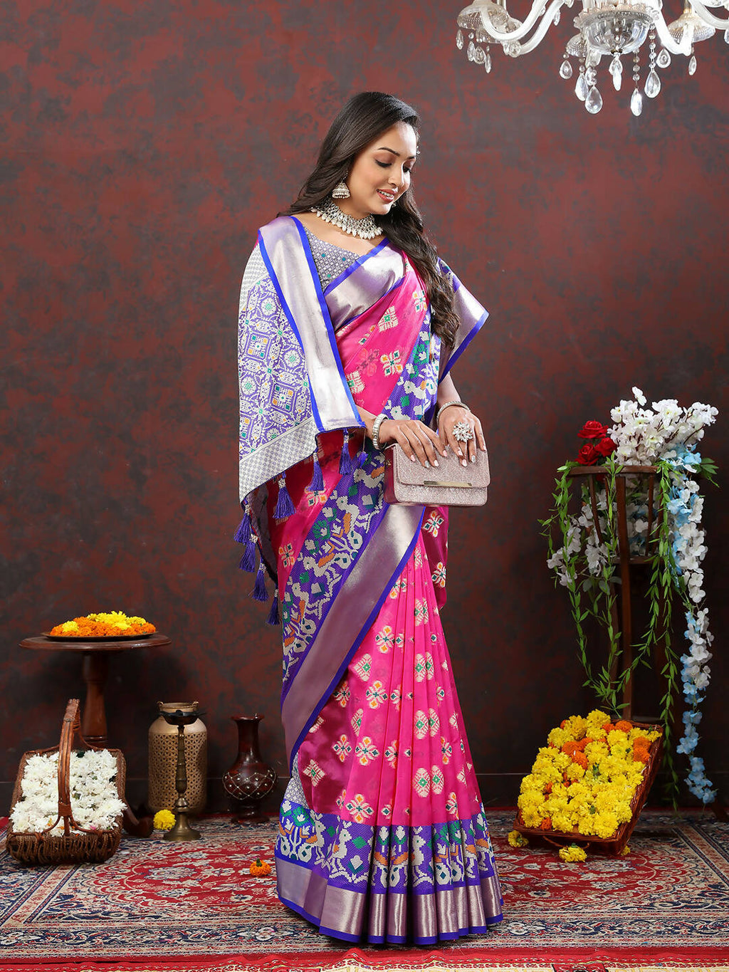 Pink Organza Silk Saree with Meenakari Weaving Design