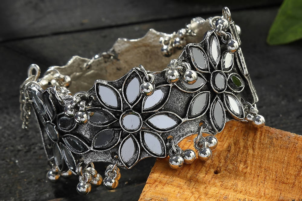Kamal Johar Oxidised Silver-Plated Mirror Work Cuff Bracelet