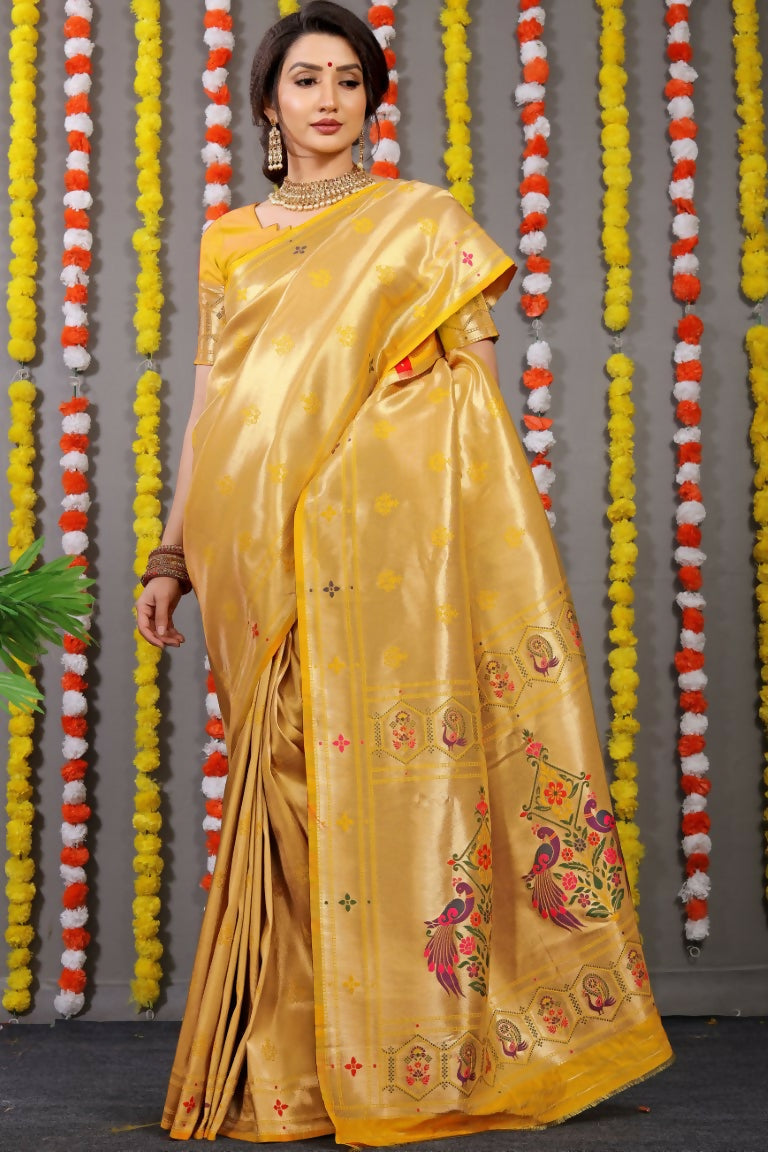 Bright Yellow Paithani Silk Saree with Zari woven pattern and matching blouse