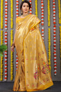 Bright Yellow Paithani Silk Saree with Zari woven pattern and matching blouse