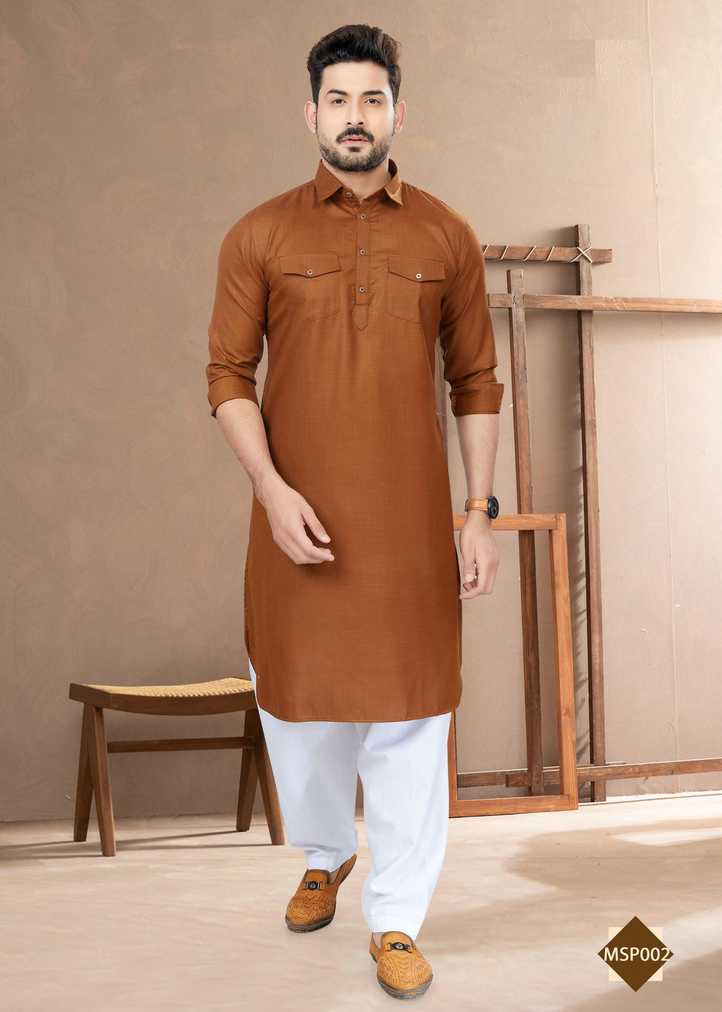 Men's dark brown heavy cotton straight kurta pyjama set