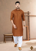 Men's dark brown heavy cotton straight kurta pyjama set