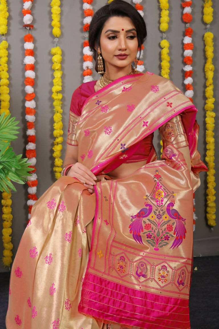 Rani Pink Paithani Silk Saree with Zari Woven Border and Blouse