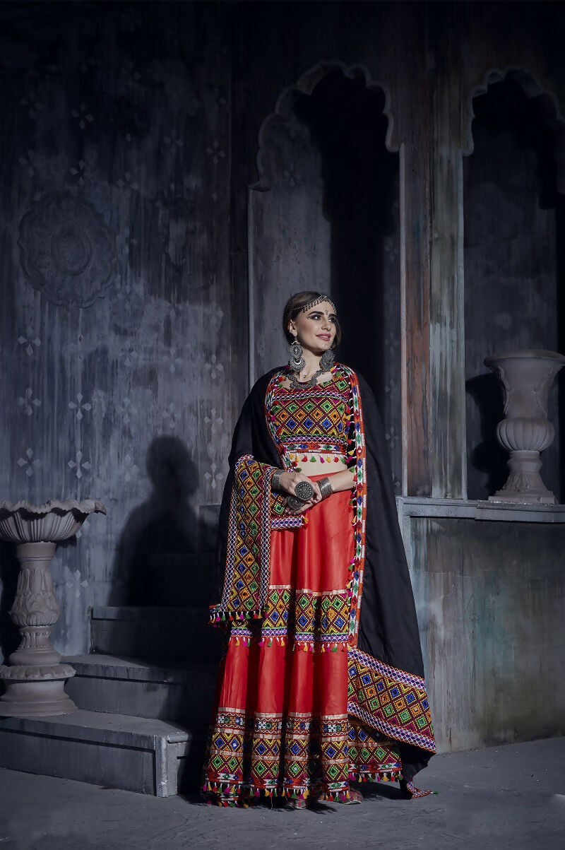 Red Art Silk Navratri Lehenga Choli with Black Dupatta Contrast