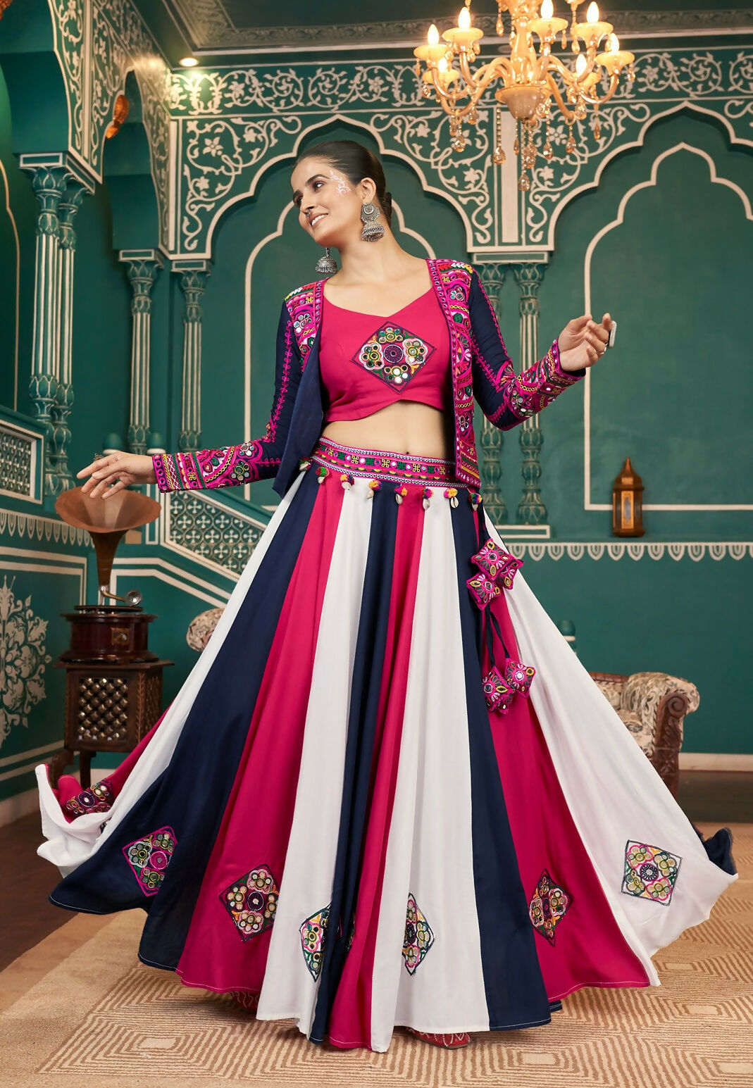 Multi-Color Viscose Rayon Navratri Lehenga Choli with Rani Pink Blouse