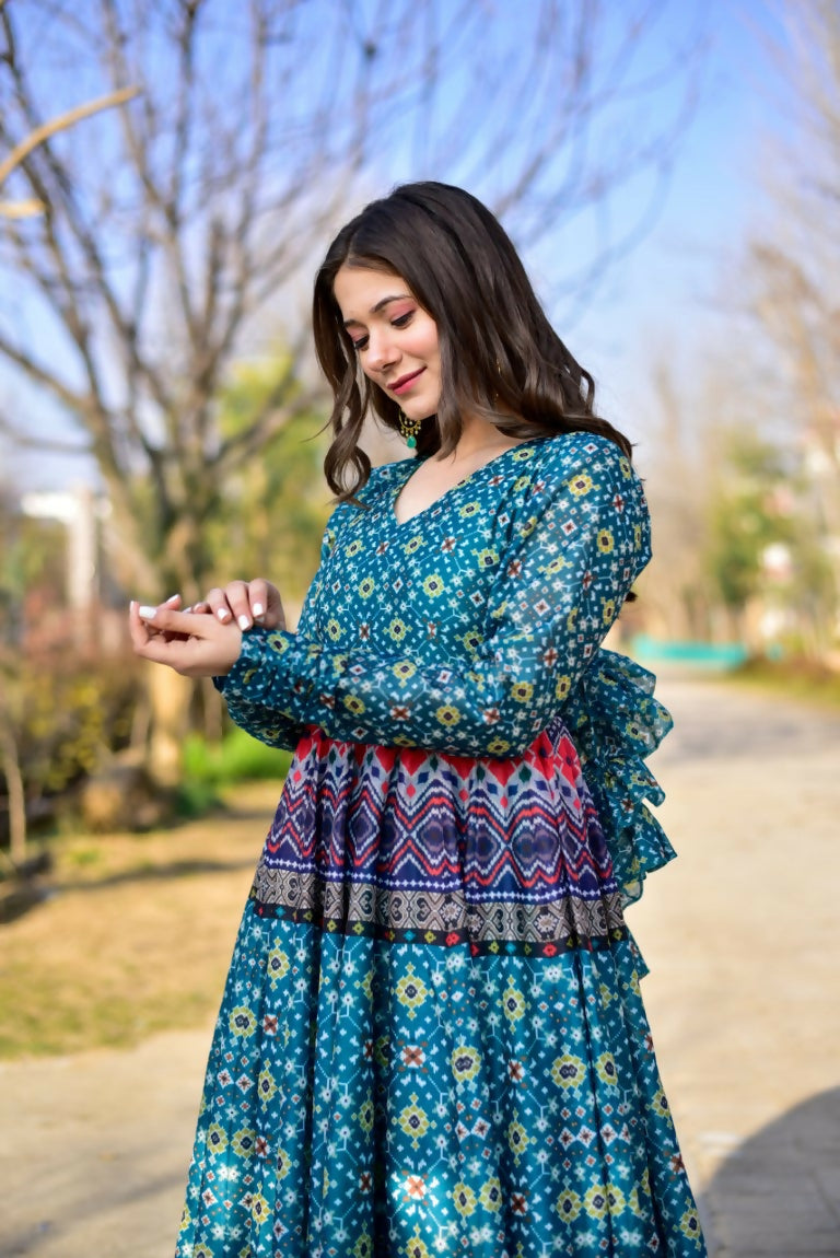 Women's Blue Geometric Print Cotton Silk Anarkali Dress