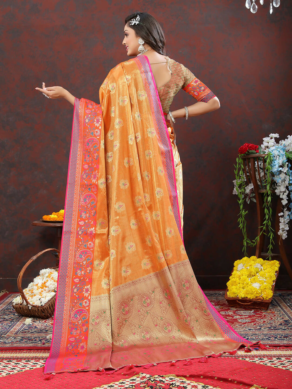 Orange Kanjivaram Silk Saree with Traditional Zari Woven Design