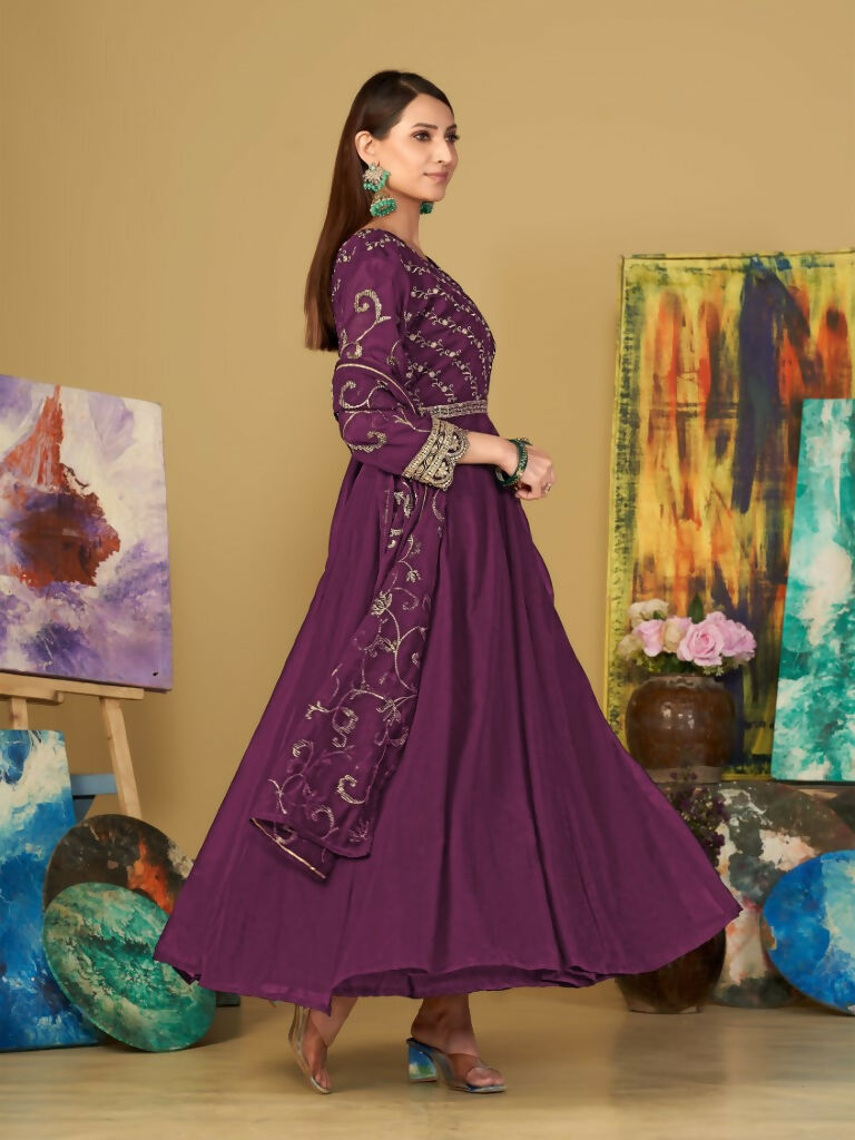 Purple Georgette Embroidered Anarkali Kurta Pant Set