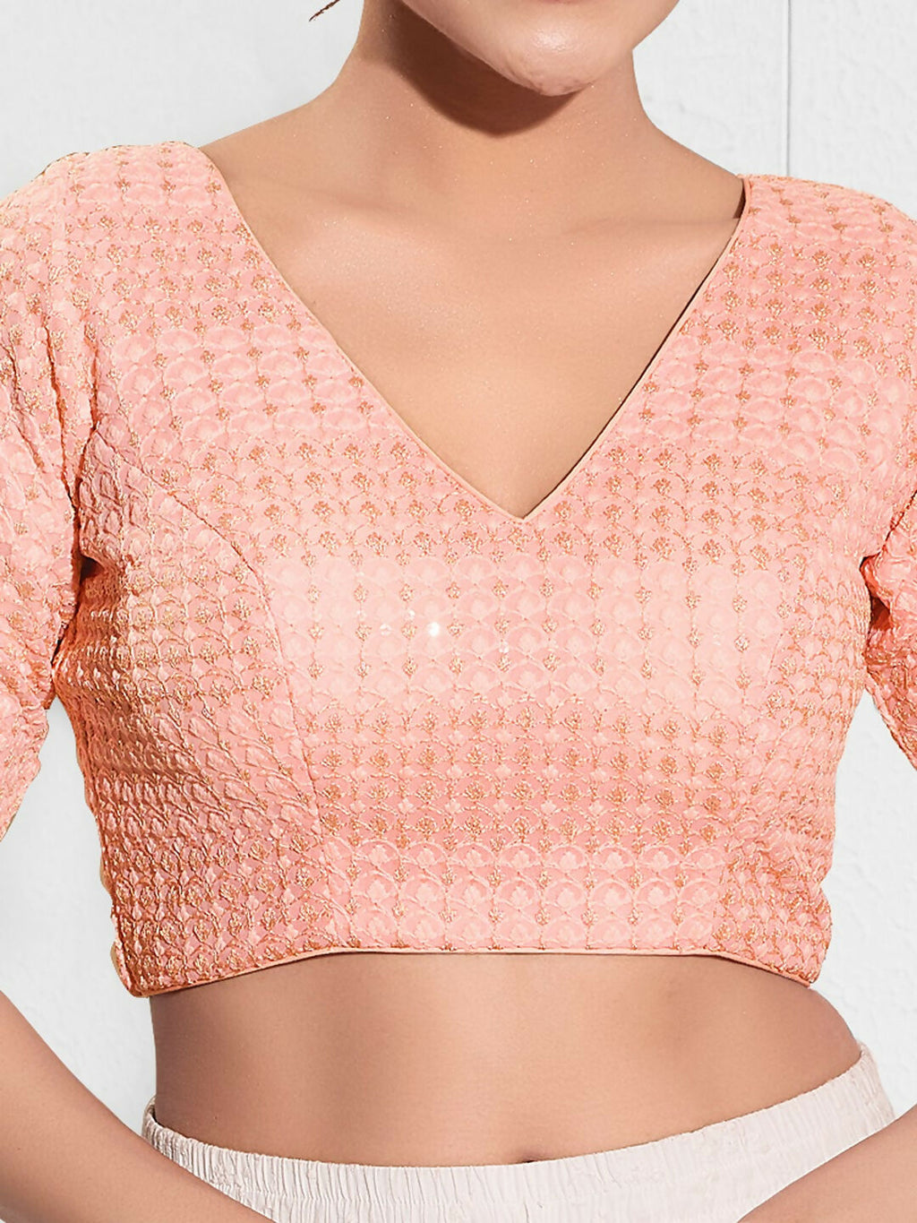 Joban Fashion Peach Crochet Padded Blouse With V Neck Elbow Sleeves