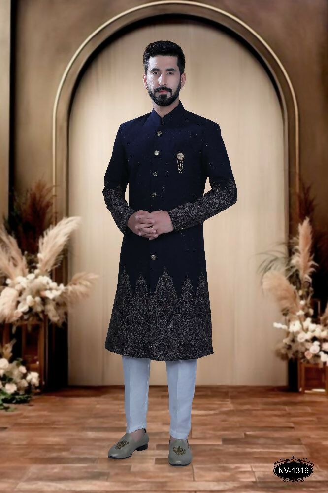 Boys blue TR kurta with heavy thread-work and diamond pasting paired with polo pyjamas