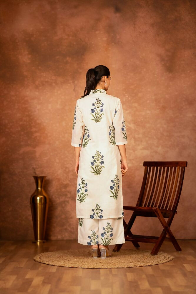 Off White and Blue Hand Block Printed Cotton Suit Set