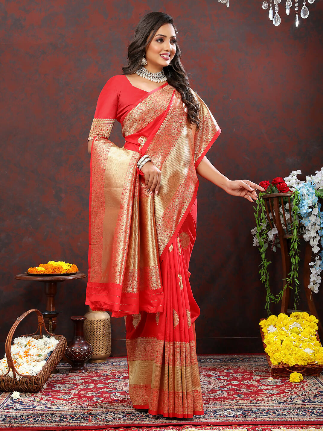 Red Soft Silk Saree with Gold Zari Woven Design
