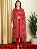 Woman wearing a red pashmina kurta with floral digital print, matching trousers, and a printed dupatta