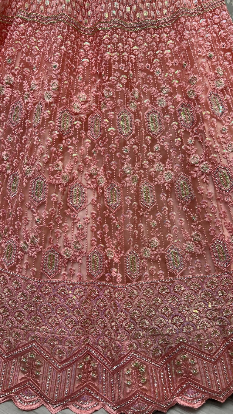 Pink Heavy Net Wedding Lehenga Choli with Rainbow Sequins & Dori