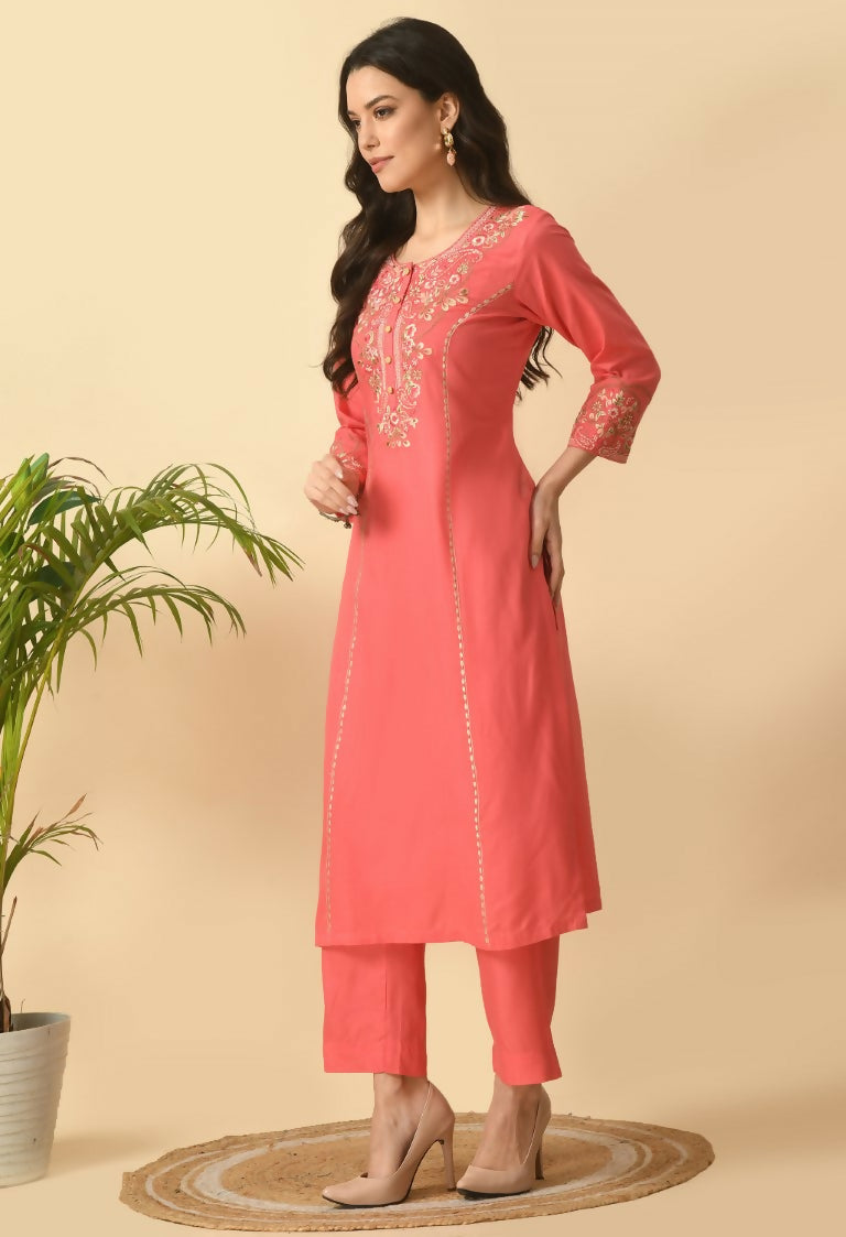 Coral colored cotton rayon kurta set two-piece outfit