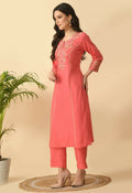 Coral colored cotton rayon kurta set two-piece outfit