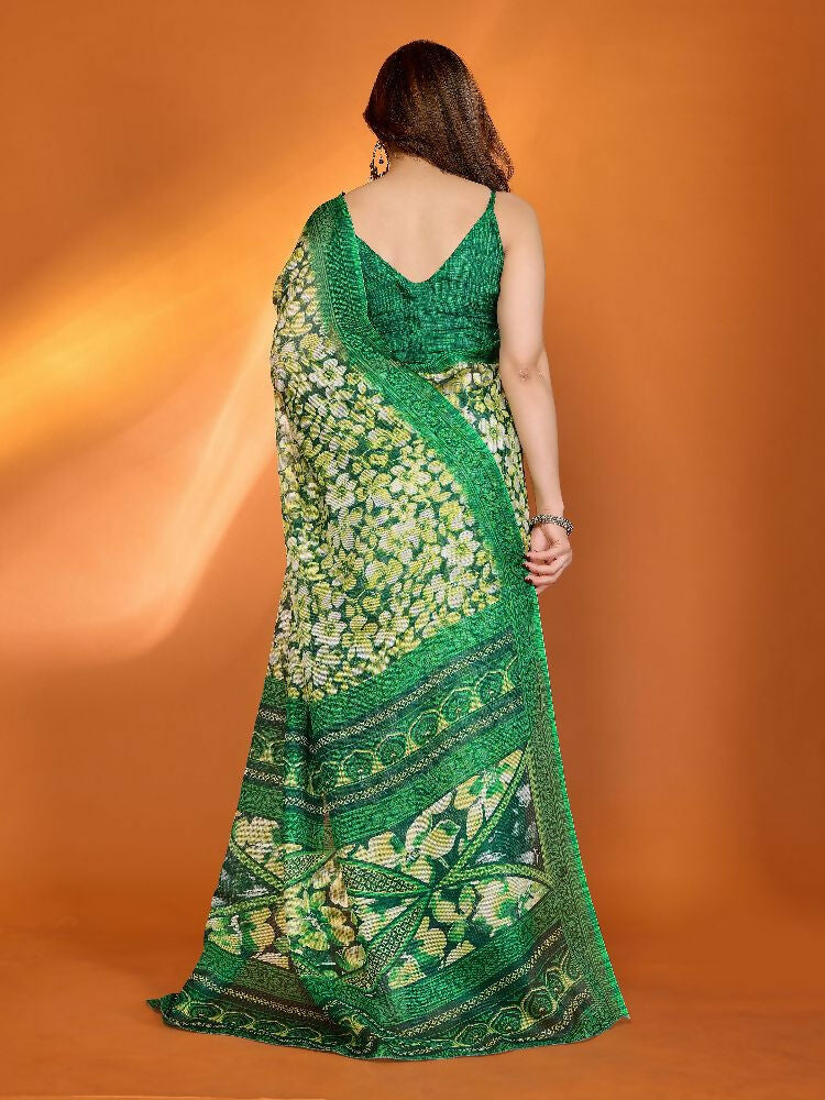 Green Kota Doria Printed Saree with Matching Blouse