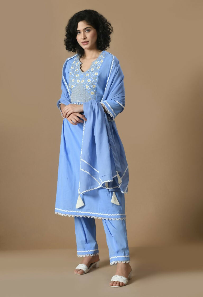 Light Blue Cotton Kurta Set with Organza Dupatta - 3 Piece Suit
