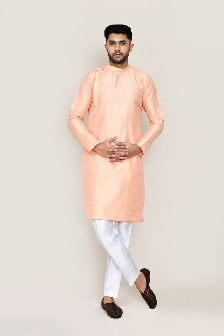 Peach Jacquard Silk Kurta Set with Straight Fit Pants