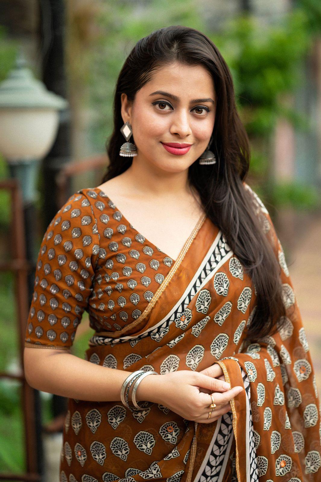 Mustard Poly Georgette Ajrak Saree with Mirror Work