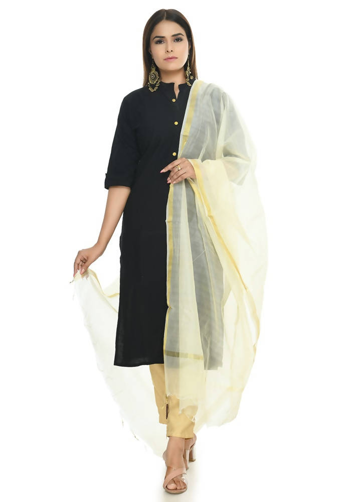 Off White Chanderi Banarsi Piping Dupatta - Elegant Ethnic Drape