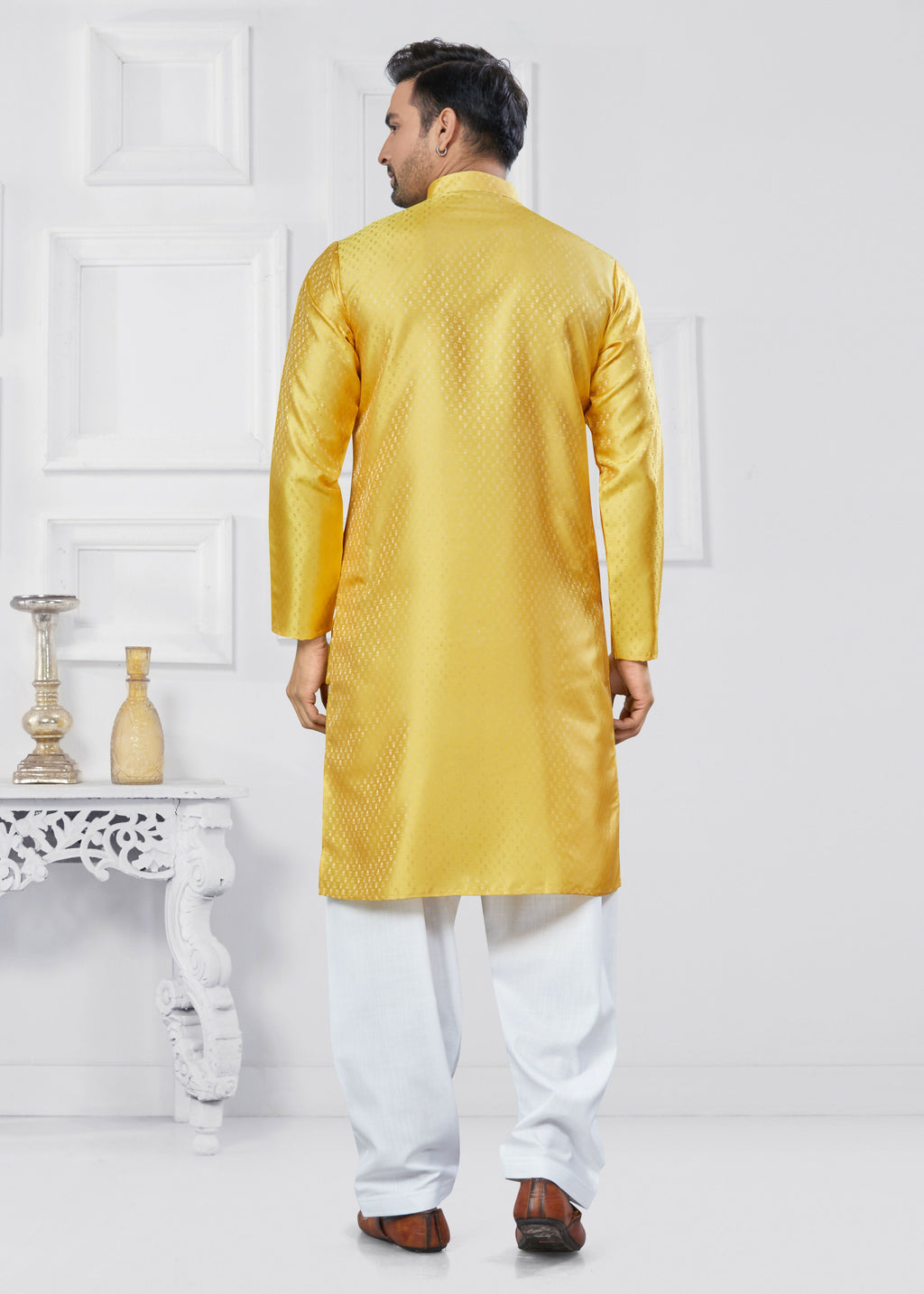 Men's Yellow Jacquard Silk Printed Kurta Pyjama Ethnic Set