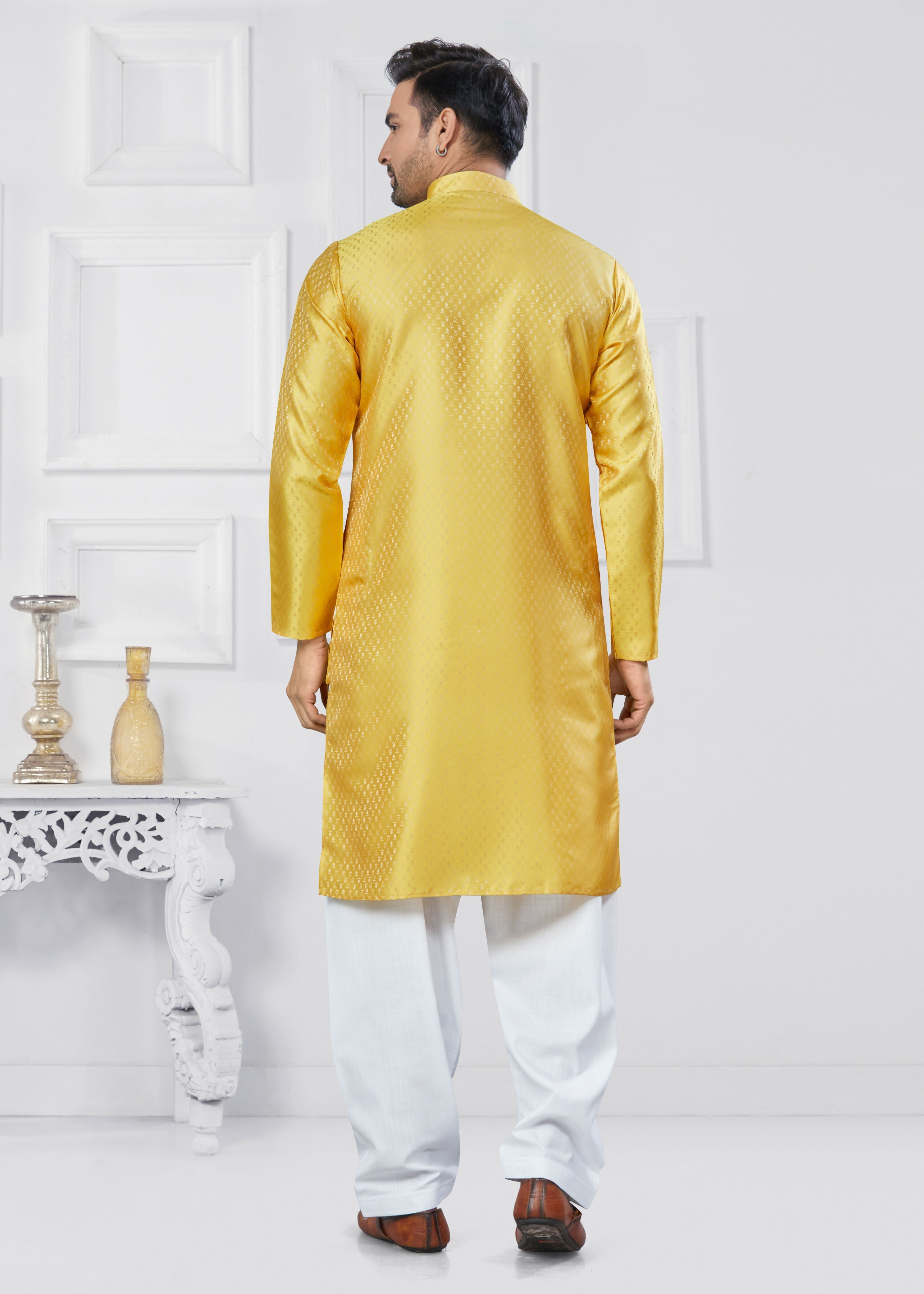 Men's Yellow Jacquard Silk Printed Kurta Pyjama Ethnic Set
