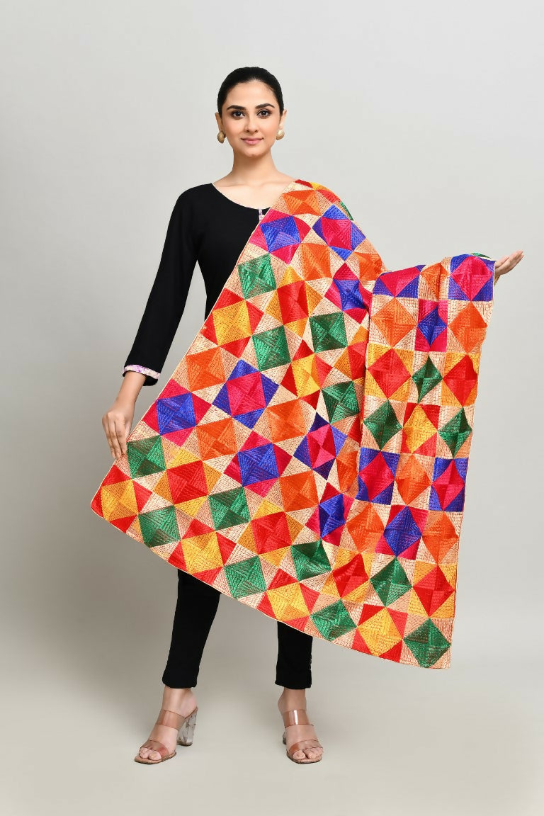 Multi-color Phulkari cotton dupatta featuring red, yellow, green, and blue geometric embroidery