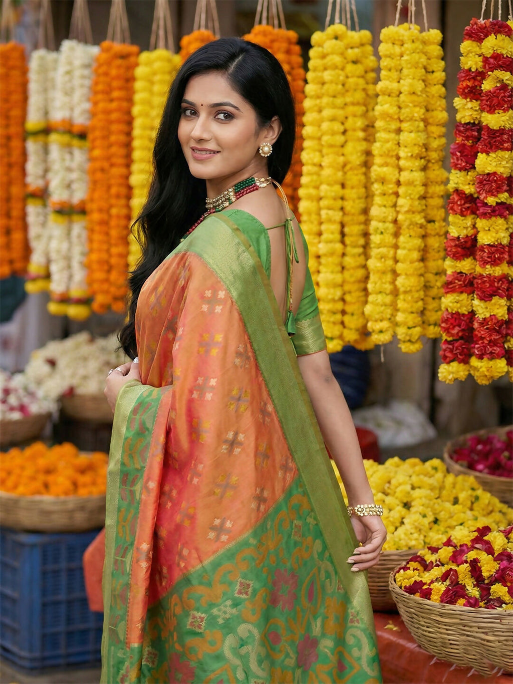 Orange Pochampally Silk Saree with Matching Blouse Piece