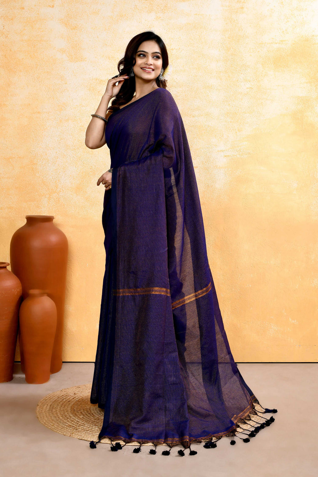 Navy Blue Embellished Cotton Blend Zari Check Handloom Saree