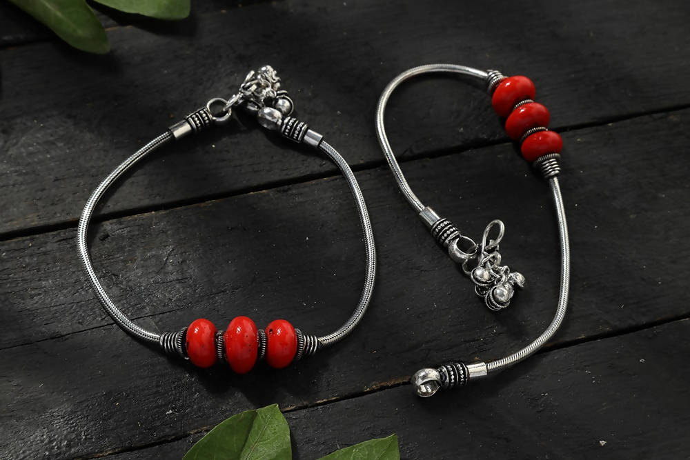 Oxidised Silver Anklets with Red Beads – Ethnic Statement Payal