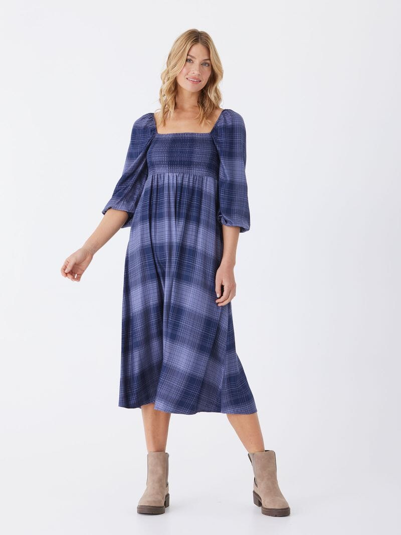 Faye Sierra Plaid Woven Midi Dress in Blue and Navy