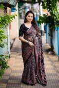 Black cotton blend Ajrak saree with zari woven border
