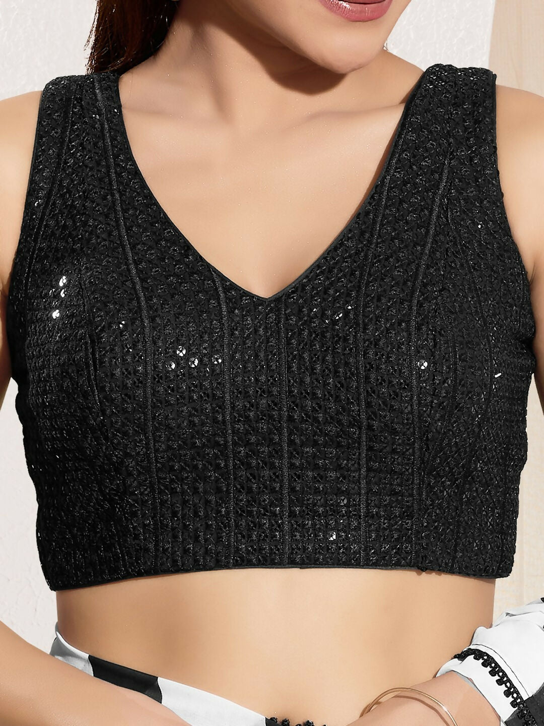Black Sequin Sleeveless Padded V-Neck Blouse