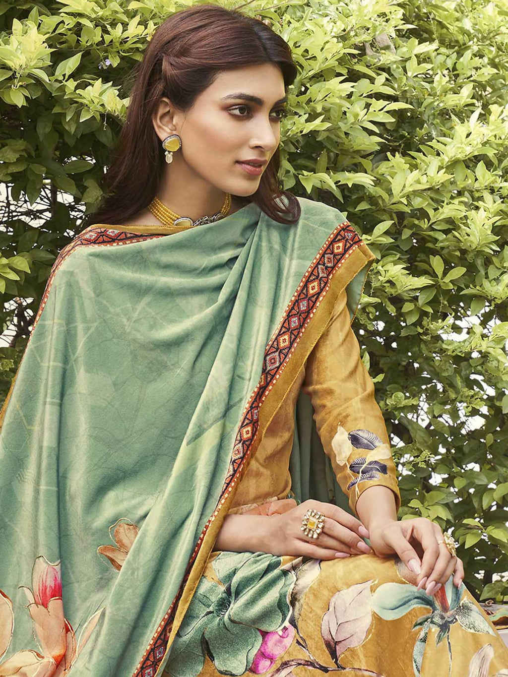 Mustard Velvet A-Line Floral Kurta Set with Palazzo and Dupatta