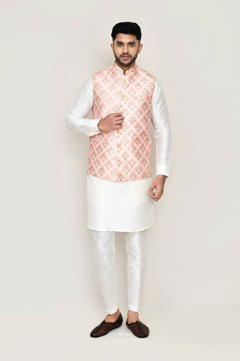 White Art Silk Kurta Set with Matching Jacket and Straight Pants