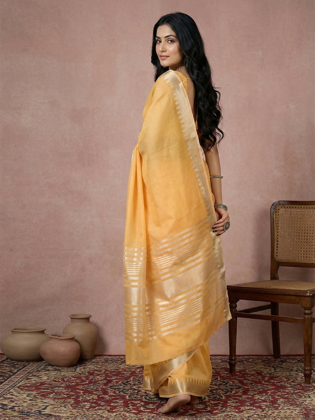 Mustard Yellow Cotton Saree with Matching Blouse