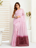 Light pink striped linen ready-to-wear saree with matching unstitched blouse piece.