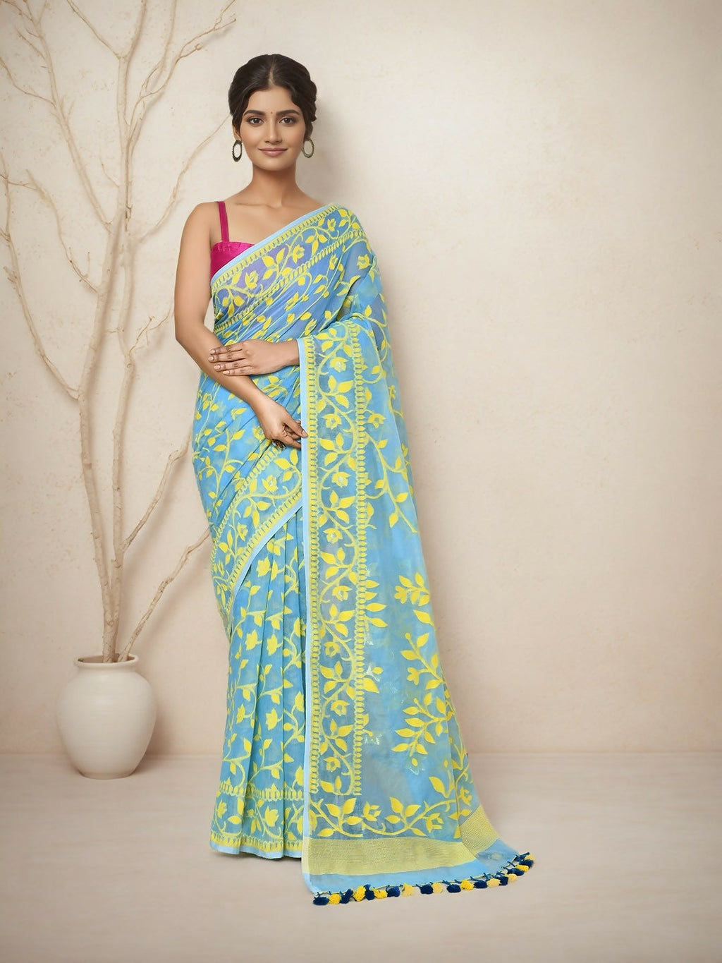 Joban Fashion Sky Blue Cotton Blend Jamdani Saree